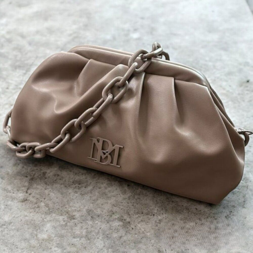 NWT Badgley Mischka Wrapped Frame Clutch Taupe Chain Shoulder Bag Vegan
